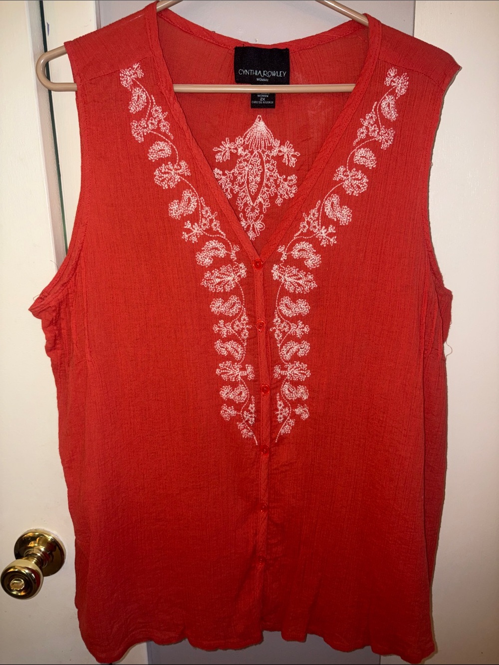Cynthia Rowley burnt orange Sleeveless Button-Front Top with White Embroidery